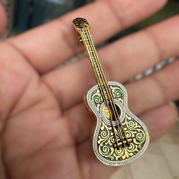 VTG Damascene Spain Guitar Brooch Pin 2" Gold Tone Green‎ White Ornate Music - Picture 2 of 8